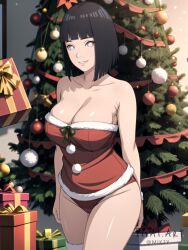 1girls ai_generated big_breasts black_hair boruto:_naruto_next_generations christmas christmas_outfit christmas_tree cleavage curvy female hi_res highres hyuuga_hinata milf mommy naruto panties pixai presents short_hair smile white_eyes