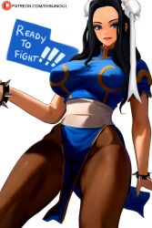 1girls bare_arms big_breasts black_hair blue_dress blue_eyes breasts brunette capcom cheongsam chinese_clothes chun-li_(cosplay) clothed clothed_breasts clothed_female clothed_navel clothing color dress dynamic_pose female female_focus female_only fishnets hair_ornament hi_res large_breasts light-skinned_female light_skin lips long_hair looking_at_viewer nico_robin nipples_visible_through_clothing one_piece pantyhose pink_lips shinjinou shounen_jump simple_background smile solo solo_female tagme thick_thighs white_background white_belt writing_text