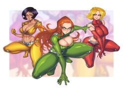 3girls adapted_costume alex_(totally_spies) alternate_costume bare_shoulders blonde_hair brown_eyes cleavage cleavage_cutout clover_(totally_spies) crop_top cropped_jacket dark-skinned_male dark_skin elbow_gloves gofa green_bodysuit grin hair_slicked_back kneeling large_breasts long_hair looking_at_viewer purple_hair red_hair red_pants sam_(totally_spies) short_hair simple_background smile squatting totally_spies yellow_pants zoom_layer