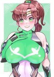 absurdres arion_canvas bare_shoulders bishoujo_senshi_sailor_moon blush bodysuit breasts breasts_bigger_than_head brown_hair clothing female gloves green_eyes highres large_breasts looking_at_viewer magical_girl makoto_kino ponytail sailor_jupiter skin_tight smile solo taimanin_(series) taimanin_suit