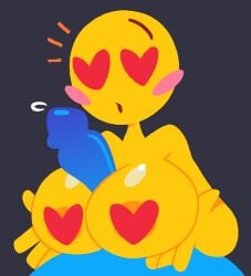 1boy 1girls 2d_(artwork) bald_female big_breasts big_penis blue_penis blue_skin blushing cumming_from_paizuri emoji emoji_(race) heart heart_shaped_eyes heart_shaped_nipple_covers jjoyplus no_outlines paizuri precum yellow_body