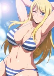 1girls armpits arms_behind_head beach bikini blonde_female blonde_hair blue_eyes blush breasts hara_(harayutaka) long_hair looking_at_viewer one_eye_closed one_eye_open original original_character outdoors solo striped_bikini water wet