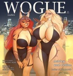 2020s 2024 2d 2d_(artwork) 2girls anthro anthro_only anthrofied ashley_(mutagen) big_thighs black_bress blonde_hair blowing_kiss brown_hair busty canine caracal celine_(lux_hound) champagne child_bearing_hips choker claws cleavage covered_nipples dog_ears dog_girl dress ear_fluff felid feline female female_focus female_only furry furry_female furry_only furry_tail hand_on_hip hi_res highres hips hourglass_figure huge_thighs jewelry large_thighs loincloth long_hair magazine magazine_cover mammal midriff night original outdoors red_eyes red_hair size_difference smiju smile smiling_at_viewer smirk straight_hair thick_thighs thighs voluptuous wide_hips