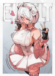 1girls :p absurdres azz0422 blue_eyes boots bracelet breasts character_name collar dress elphelt_valentine female frilled_dress frills guilty_gear guilty_gear_strive hairband highres jewelry large_breasts long_sleeves looking_at_viewer peace_sign pink_dress pink_footwear pink_hairband short_hair sideboob smile spiked_bracelet spiked_collar spiked_hairband spikes thigh_boots tongue tongue_out two-tone_dress v white_dress white_hair