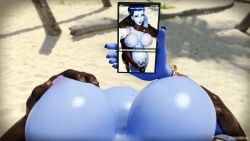 3d beach big_belly blue-skinned_female breast_grab dark-skinned_male embrace endlessabyss female_pov french_text huge_cock interracial large_breasts overwatch overwatch_2 pregnant round_breasts self_upload selfie smartphone sunny watermark widowmaker