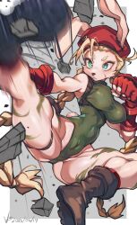 1girls animal_ear animal_ears animal_humanoid bare_shoulder bare_shoulders bare_thighs big_breasts blonde blonde_eyebrows blonde_female blonde_hair blonde_hair_female boots braid braided_hair braided_twintails breasts brown_boots cammy_white capcom female female_only green_leotard hat huge_breast iparuputsua kick kicking large_breasts leotard long_ear long_ears massive_breasts only_female rabbit rabbit_ear rabbit_ears rabbit_girl rabbit_humanoid red_hair spread_legs spreading street_fighter thick_thighs thighs