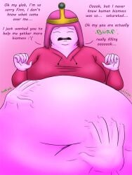 1boy 1girls adventure_time big_belly bleedingstalker burp digestion female female_pred finn_the_human hand_imprint hoodie human_prey male male_prey pink_body pink_hair princess_bubblegum regretful_pred struggling struggling_prey vore