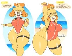 anthro armpits big_ass big_breasts breasts bubble_butt canid canine canis closed_eyes clothing derpybelle dialogue english_text eyewear female fur furry furry_only glasses hi_res huge_ass jhenightfox stretching tail text thick_thighs thunder_thighs wide_hips