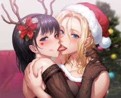 2girls blonde_hair blue_eyes blush christmas christmas_headwear christmas_outfit christmas_tree earrings french_kiss french_kissing hugging kissing lesbian_kiss looking_at_viewer purple_eyes purple_hair saliva sucking_tongue tongue_sucking yuri yuritamashi