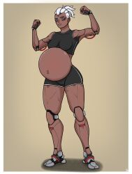 1girls 2d belly big_belly big_thighs breasts cybernetics dark-skinned_female dark_skin female ironbrood large_thighs muscle muscles muscular muscular_female nipple_bulge overwatch overwatch_2 pregnant simple_background sojourn_(overwatch)