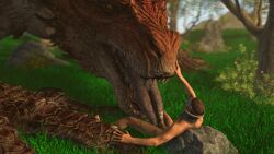 3d_(artwork) ambiguous_gender bodily_fluids brown_hair capcom claws cum cum_on_tongue digital_media_(artwork) dragon duo elder_dragon erection feet fellatio fellatio_from_feral feral forest forest_background forked_tongue genital_fluids genitals grass hair hand_on_claw hand_on_snout horn human human_on_feral human_penetrating interspecies laid_back licking light-skinned_male male mammal monster monster_hunter nature nature_background nude oversized_fellatio oversized_oral penis penis_on_tongue plant pupils rock safi'jiiva scales scalie sex sharp_teeth slit_pupils source_filmmaker teeth toe_claws toes tongue tongue_out tree weekyle yellow_eyes yellow_sclera zoophilia