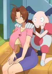 1girls barleyshake big_breasts curvy delia_ketchum_(pokemon) human humanoid imminent_grope massage mr._mime pokémon_(species) pokemon pokemon_(anime) pokephilia