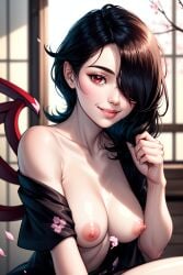 ai_generated asymmetrical_wings black_hair breasts breasts_out hair_over_one_eye indoors large_breasts medium_hair nue_houjuu red_eyes shoulder_length_hair smile touhou upper_body wombat9043