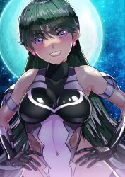 absurdres arion_canvas armpits bishoujo_senshi_sailor_moon breasts clothing dark-skinned_female dark_skin female full_moon green_hair hands_on_own_hips highres huge_moon leotard lips long_hair looking_at_viewer medium_breasts moon pink_eyes sailor_pluto setsuna_meiou shaded_face skin_tight smile solo star_(sky) swept_bangs taimanin_(series) taimanin_suit very_long_hair