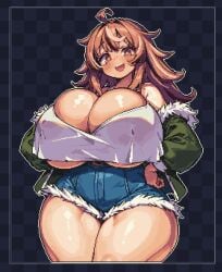 :d ahoge belt blush breasts brown_eyes brown_hair checkered_background clothing cowboy_shot cute dark_background freckles freckles_on_breasts freckles_on_face fur_trim gigantic_breasts gigantic_thighs green_jacket hair hands_on_hips happy hyper_breasts hyper_thighs jacket jean_shorts kyosuke_fujiwara light-skinned_female light_brown_hair light_skin long_hair looking_at_viewer milk_engine multicolored_hair off_shoulder open_mouth original original_character overflowing_breasts parka pixel_art shiny_skin shirt shorts smile smiling smiling_at_viewer teeth teeth_showing thick_thighs topwear underboob venus_body white_shirt