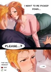 1boy 1boy1girl 1girls aroused asking_for_sex big_breasts bleach breasts canon_couple couple female horny humor husband_and_wife ichigo_kurosaki inoue_orihime inviting_to_sex male milf orange_hair origussy short_hair twitter_strip_game_(meme)