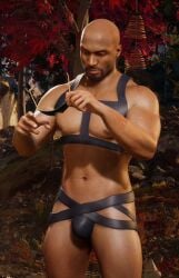 1boy 3d 3d_(artwork) 3d_model abs bald bald_man dark-skinned_male dark_skin darrius facial_hair goatee harness haviksluz holding_sunglasses human male male_only melanin mortal_kombat mortal_kombat_1_(2023) muscles muscular_male mustache netherrealm_studios no_visible_genitalia outdoors outside pecs penis_bulge scantily_clad skimpy_outfit smooth_skinned_male solo