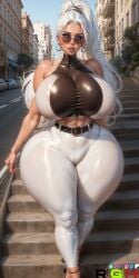 1girls ai_feet ai_generated ai_hands bad_anatomy belt big_breasts bimbo bimbo_body bimbo_lips breasts bulging_breasts chest city clavicle cleavage clothed clothing curvaceous curvy curvy_figure deltoids digital_media_(artwork) earrings eyebrows eyelashes female female_only front_view high_ponytail highleg hips hourglass_figure huge_breasts human impossible_clothes impossible_clothing large_breasts legs light-skinned_female light_skin makeup mascara ponytail realgreenheart slim_waist solo stairs sunglasses thick thick_eyelashes thick_hips thick_legs thick_lips thick_thighs thighs tied_hair tight_clothing tinted_eyewear urban voluptuous voluptuous_female waist walking watermark white_clothing white_hair wide_hips