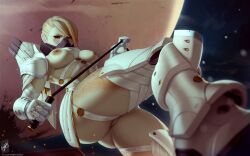 armored_boots artist_name ass blonde_hair boots breasts breasts_apart bungie dated destiny_(game) destiny_2 female from_below genderswap genderswap_(mtf) ghaul gloves highres holding holding_whip large_breasts looking_at_viewer looking_down mask mouth_mask nipples pussy red_eyes short_hair shoulder_plates signature solo stepped_on themaestronoob white_gloves