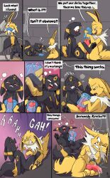 absurd_res animal_genitalia animal_penis black_body black_fur blush bodily_fluids canine_genitalia canine_penis comic cum dialogue duo eeveelution english_text feral feral_on_feral frottage fuf fur generation_1_pokemon generation_2_pokemon genital_fluids genitals hi_res jolteon looking_pleasured male male_only nintendo orgasm penetrable_sex_toy penile penis pokemon pokemon_(species) pupils quadruped sex sex_toy text umbreon yellow_body yellow_fur