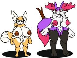 anthro anthro_only big_breasts braixen breasts canine duo feline female female_only furry groovemanyulameister looking_at_another meowstic nipples pokémon_(species) pokemon pokemon_(species) pussy shiny_braixen shiny_meowstic shiny_pokemon thick_thighs transparent_background