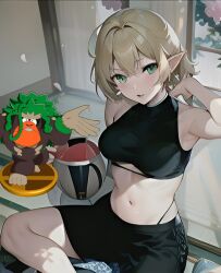 ai_generated armpits blonde_hair cookie_(touhou) donkey_kong female gen_8_pokemon green_eyes joker_(cookie) midriff mizuhashi_parsee nucky☆ parsee_mizuhashi pointy_ears rillaboom short_hair sports_bra touhou