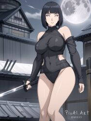 1girls ai_generated big_breasts black_hair boruto:_naruto_next_generations curvy female full_moon hi_res highres hyuuga_hinata katana milf mommy moon naruto nighttime ninja ninja_outfit pixai rooftop short_hair white_eyes