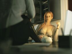 2girls 3d 3d_(artwork) annette_birkin blonde_female blonde_hair blonde_hair_female capcom cleavage clothed_female crossed_legs female_doctor female_scientist mature_female milf nipple_bulge nipples_visible_through_clothing office resident_evil resident_evil_2 resident_evil_2_remake revealing_clothes sitting_on_table unseen_character unseen_female_face word2