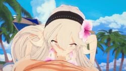 1boy 1girls animated beach bent_over blonde_hair censored corrin_(female)_(summer)_(fire_emblem) corrin_(fire_emblem) corrin_(fire_emblem)_(female) fellatio female female_focus fire_emblem fire_emblem_fates flower_necklace hair_flower hairband looking_at_viewer male male_pov natsuko nintendo oral outdoors palm_tree pov red_eyes sloppy_blowjob solo_focus tree