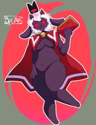 3fi_art anthro bell black_body caprine casual clothing cult_of_the_lamb cute dark_skin furry furry_ears furry_only goat goat_ears goat_horns goat_humanoid headwear lamb_(cult_of_the_lamb) neckwear outerwear red_eyes sheep thick_ass thick_thighs weapon white_wool wool_(fur)