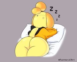 animal_crossing anthro ass big_ass bubble_butt canid canine canis female fur furry furry_only gotchibelle huge_ass isabelle_(animal_crossing) nintendo onomatopoeia pantheracart pillow sleeping solo tagme tail thick_thighs