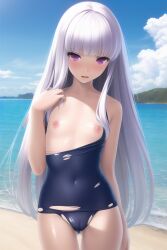 1girls ai_generated beach breasts dumi female female_only fire_emblem fire_emblem:_three_houses flat_chest long_hair lysithea_von_ordelia nintendo purple_eyes swimsuit thigh_gap torn_clothes torn_clothing torn_swimsuit white_hair