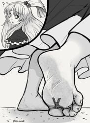 1boy1girl barefoot black_and_white crossover doom doom_slayer_(doom) feet foot_focus giant giantess macro shinki shinki_(touhou) sketch soles stuck_to_foot toes touhou touhou_(pc-98) unaware