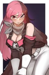 1girls abigbrother ass blush cleavage female heterochromia leaning_forward long_gloves long_hair looking_at_viewer multicolored_hair neo_(rwby) outfit pout purple_background rwby scarf thick_thighs tummy white_gloves white_jeans