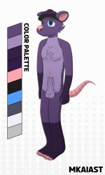 1boy accessory anthro balls blue_eyes color_palette feet fluffy_balls foreskin fur furry furry_only hair humanoid_penis male male_only mammal mkaiast nipples nude nude_male opossum penis plain_background purple_fur purple_hair reference_sheet sharp_toenails short_hair smile standing tail visor_cap