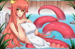 1girls big_breasts lamia lindaroze long_hair miia_(monster_musume) monster monster_girl monster_musume_no_iru_nichijou onsen red_hair solo solo_female tagme towel towel_only yellow_eyes