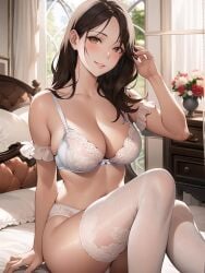 1girls ai_generated ai_mirror arm_up bed bedroom blush brown_eyes brown_hair curtains drawers dresser flower_pot flowers long_hair looking_at_viewer medium_breasts sitting smile stockings touching_hair underwear white_lingerie white_skin white_underwear window