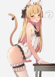 1boy absurdres akaihoppe animal_ears arched_back ass bare_shoulders bell blonde_hair blush bridal_garter cat_boy cat_ears cat_tail catboy censored crossdressing dress embarrassed english_text erection femboy girly hairband highres jingle_bell long_hair male male_focus male_only mars_symbol mosaic_censoring open_mouth original otoko_no_ko penis red_eyes simple_background small_penis spoken_mars_symbol standing tail tail_ornament thighhighs trap white_thighhighs