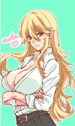 aburi_rare arms_crossed_under_breasts big_breasts blonde_hair canon_genderswap cleavage colored_sketch crossed_arms female female_only genderswap_(mtf) gintama green_background hair_between_eyes kondou_goriko kondou_isao long_hair looking_at_viewer rule_63 smile solo yellow_eyes