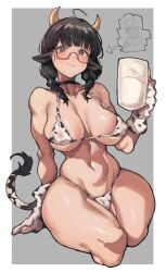 1girls bare_belly bare_shoulder bare_shoulders bare_stomach bare_thighs big_breasts bikini black_eyebrows black_hair black_hair_female breasts cow_bikini cow_ear cow_ears cow_girl cow_horns cow_humanoid cow_print_bikini cow_print_bra cow_print_gloves cow_tail cowprint_bra eyebrows_visible_through_hair female female_humanoid female_only glass_of_milk glasses horn horns hourglass_figure huge_breast humanoid humanoid_hands iparuputsua large_breasts massive_breasts milk navel nipple_bulge no_humans non-human only_female simple_background tail thick_thighs thighs woman