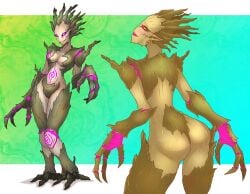 anthro ass biped blush blush_lines breasts claws curvy_figure dryad drycha elemental_creature featureless_crotch female flora_fauna front_view glowing hi_res horn looking_at_viewer looking_back markings not_furry plant presenting presenting_hindquarters rear_view simple_background solo spacemaxmarine standing thick_thighs treant tree warhammer_(franchise) warhammer_fantasy