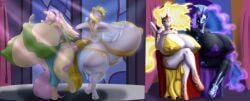 alicorn anthro ass big_breasts big_butt blues64 breasts clothing curvy_figure dancing daybreaker_(mlp) dress equid equine female female/female fluttershy_(mlp) friendship_is_magic group hasbro horn huge_breasts huge_butt hyper hyper_breasts hyper_butt in_description mammal my_little_pony nightmare_moon_(mlp) princess_celestia_(mlp) princess_luna_(mlp) story_at_source unicorn voluptuous white_heart_(oc) wings