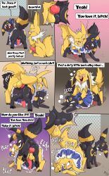 absurd_res anal anal_sex anus balls black_body black_fur bodily_fluids clothed clothing comic crossdressing cum dialogue dress eeveelution english_text feral feral_on_feral fuf fur gay generation_1_pokemon generation_2_pokemon genital_fluids genitals hi_res jolteon knot male male/male male_penetrated male_penetrating male_penetrating_male nintendo penetration penile penile_penetration penis penis_in_ass pokemon pokemon_(species) quadruped sex text umbreon yellow_body yellow_fur