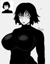 1girls arusen big_breasts black_hair breasts_bigger_than_head eyebrows female female_only fubuki_(one-punch_man) large_breasts looking_at_viewer monochrome one-punch_man solo solo_female solo_focus webcomic wide_hips