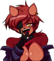 anthro barely_clothed big_breasts black_gloves blush blushing boobs breasts collar ear_piercing earrings elronnyx eyepatch fangs female five_nights_at_freddy's five_nights_in_anime fnia fox foxy_(fnaf) gloved_hands hair_tied_back no_nipples ponytail red_body red_fur red_hair red_skin robot robot_girl rule_63 shoulders tongue_out vixen white_fangs yellow_eyes