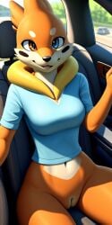 2024 ai_generated anthro big_pussy blue_eye blue_shirt bottomless bottomless_female buizel female female_only furry game_freak in_car innie_pussy looking_at_viewer nintendo orange_body orange_eye orange_fur pokémon_(species) pokemon