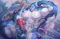 abs anthro balls biceps bodily_fluids city cum cum_on_self erection excessive_cum excessive_genital_fluids fish genital_fluids genitals lyga macro male marine masturbation minus_mius muscular muscular_anthro muscular_male pecs penile penile_masturbation penis shark solo vein veiny_penis