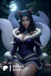 1girls ahri ai_generated animal_ears circlet cleavage dress face_markings female fox_ears fox_girl fox_tail league_of_legends league_of_legends:_wild_rift midnight_ahri multiple_tails night parted_lips primo_aiart skirt solo stable_diffusion thighs