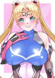 absurdres arion_canvas bishoujo_senshi_sailor_moon blonde_hair blue_eyes bodysuit breasts breasts_bigger_than_head clothing double_bun female gloves hair_bun highres large_breasts long_hair looking_at_viewer magical_girl sailor_moon skin_tight solo taimanin_(series) taimanin_suit twintails usagi_tsukino