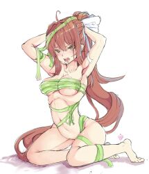 1girls barefoot breasts brown_hair crunnix doki_doki_literature_club female female_only fit_female full_body green_eyes heart-shaped_pupils kneeling long_hair looking_at_viewer monika_(doki_doki_literature_club) on_knees solo solo_female thighs white_ribbon wrapped_up